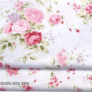 Shabby Chic Pink Rose Floral Cotton Fabric on White Cotton Pink Flower Coordinated Flower for Quilt- 1/2 Yard