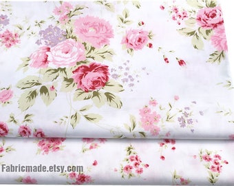 Shabby Chic Pink Rose Floral Cotton Fabric on White Cotton Pink Flower Coordinated Flower for Quilt- 1/2 Yard