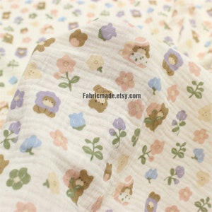 Cartoon Bear & Flower Double Gauze Cotton Crinkle Gauze Fabric For Kids Quilting Clothing - 1/2 yard