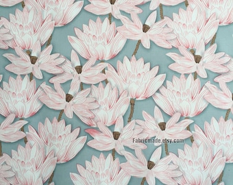 Floral Cotton Fabric, Pink Water Lily Flower Cotton Fabric On Grey Black Cotton - Fabric 1/2 Yard