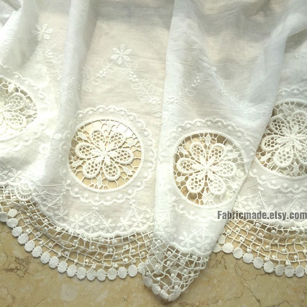 White Cotton Eyelet Border Fabric,  Lace Border Cotton Fabric, Embroidery Fabric Cotton, Hollowed Border lace cotton - A Half Yard