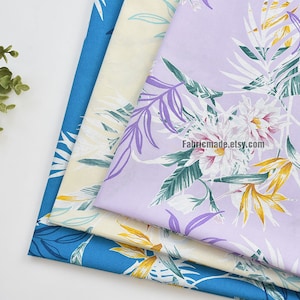 Large Flower Fabric/ Cotton Fabric/ Cream Blue Purple Flower  - 1/2 yard