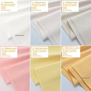 Puede incluir: Seis muestras de tela en diferentes colores, incluyendo blanco roto, rosa nude, beige claro, rosa sakura, amarillo claro y amarillo queso. Cada muestra est&aacute; etiquetada con un n&uacute;mero, un nombre de color y detalles de la tela, incluyendo el contenido de algod&oacute;n, el contenido de spandex, el ancho, el tama&ntilde;o del tubo, el peso y el tipo de ribbing. El texto "Fabricmade.etsy.com" aparece en la parte inferior de la imagen.