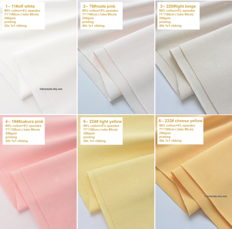 Puede incluir: Seis muestras de tela en diferentes colores, incluyendo blanco roto, rosa nude, beige claro, rosa sakura, amarillo claro y amarillo queso. Cada muestra est&aacute; etiquetada con un n&uacute;mero, un nombre de color y detalles de la tela, incluyendo el contenido de algod&oacute;n, el contenido de spandex, el ancho, el tama&ntilde;o del tubo, el peso y el tipo de ribbing. El texto "Fabricmade.etsy.com" aparece en la parte inferior de la imagen.