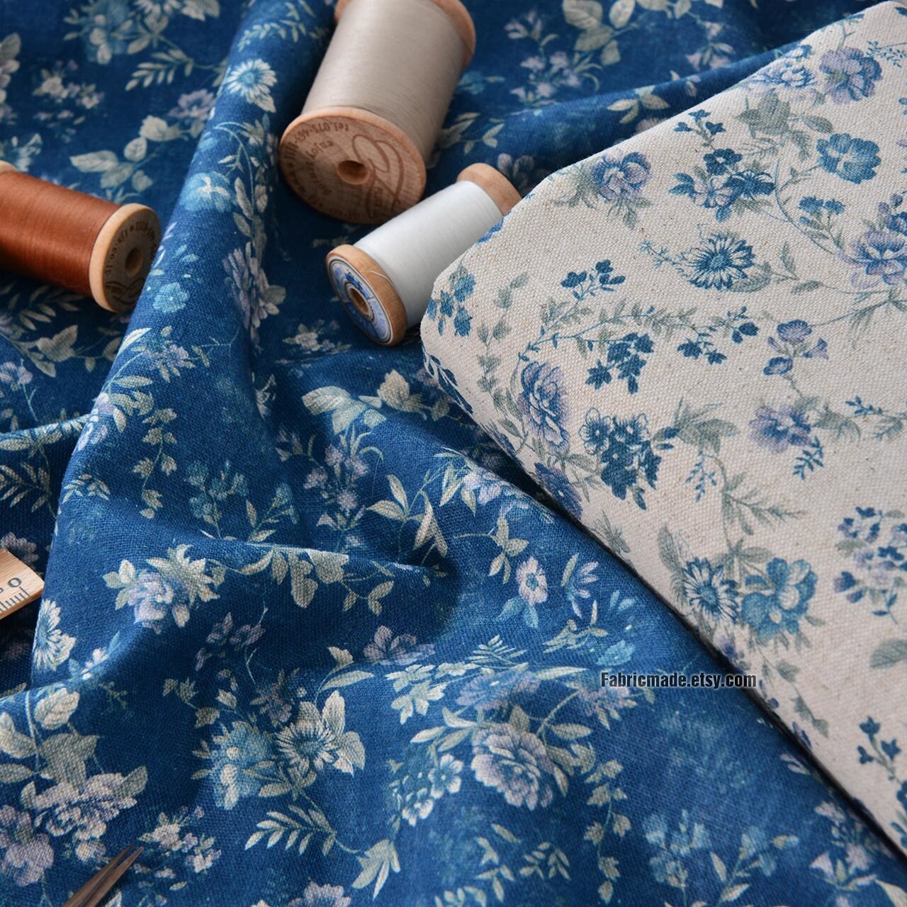 Tissu Lin Fleurs Bleues Vintage – 154 X 50 Cm – Motif Floral – Neuf