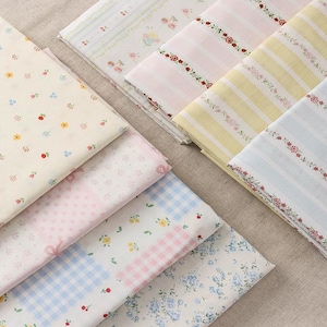 Little Flower Cotton Fabric Tiny Floral Plaid Stripes For Girls Dolls - 1/2 yard