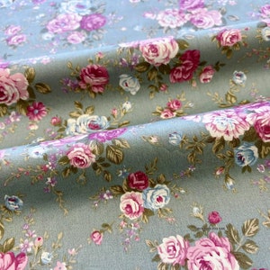 Vintage Rose Cotton Fabric With Shabby Chic Pink Rose Flower On Cream Green Cotton 1/2 yard image 6