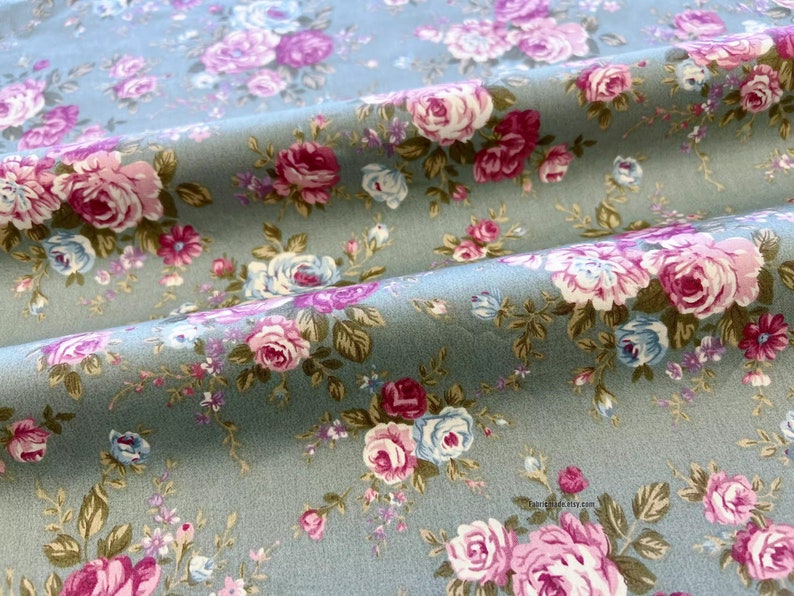 Vintage Rose Cotton Fabric With Shabby Chic Pink Rose Flower On Cream Green Cotton 1/2 yard image 6