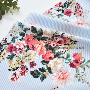 Shabby Rose Floral Blue Stripes Cotton Fabric - 1/2 yard