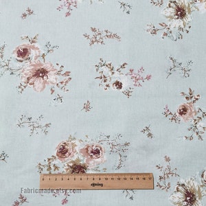 Floral Cotton Fabric,  Gray Green Cotton Tiny Brown Flower 1/2 yard