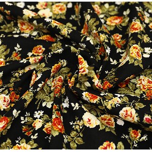 Rose Floral Corduroy Cotton Fabric, Pink Yellow Flower On Brown Black Cotton 1/2 yard image 8