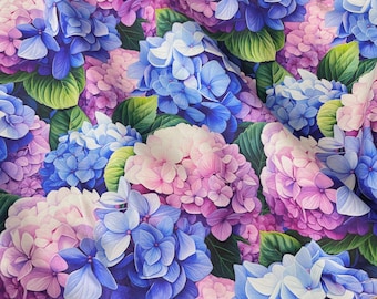 鮮やかなアジサイの花柄コットン生地 ブルーパープルアジサイの花 - 半ヤード