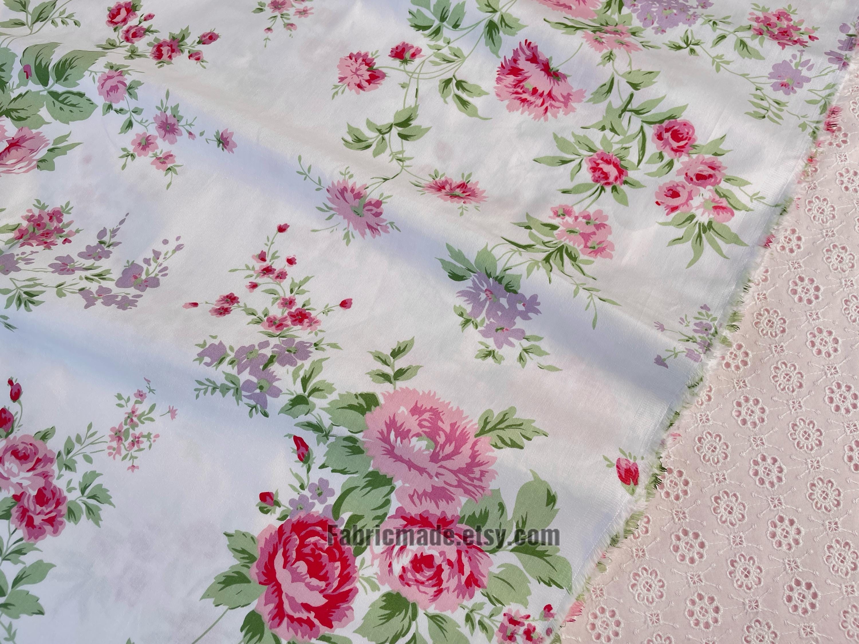 Shabby Chic Pink Rose Floral Cotton Fabric on White Cotton Pink Flower ...