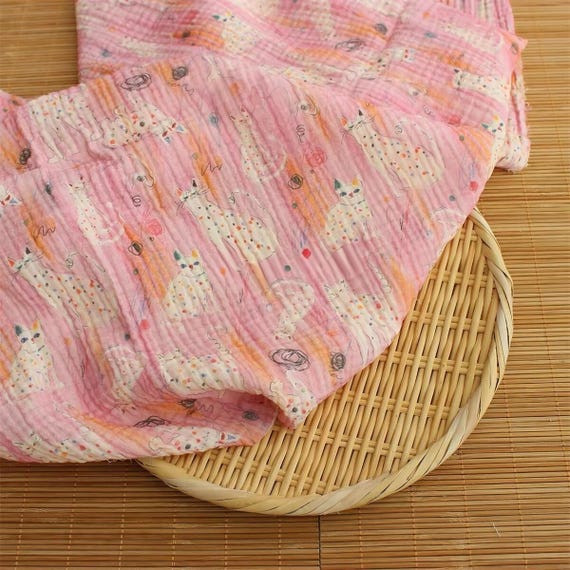 Cartoon Cats Double Gauze Cotton Fabric, Pink Soft Nursery Fabric, 1/2 Yard