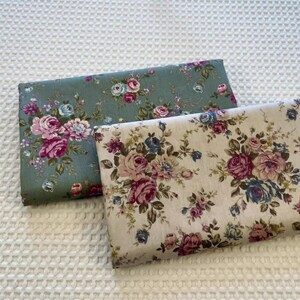 Vintage Rose Cotton Fabric With Shabby Chic Pink Rose Flower On Cream Green Cotton 1/2 yard image 2