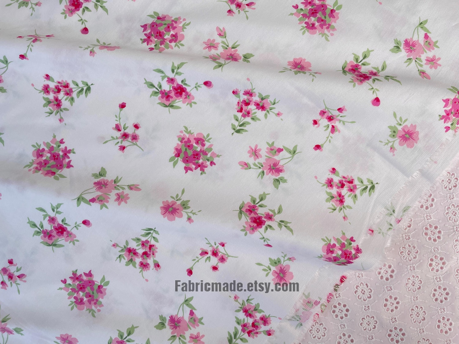 Shabby Chic Pink Rose Floral Cotton Fabric on White Cotton Pink Flower ...