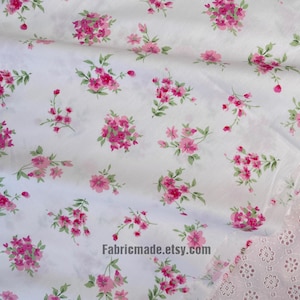Shabby Chic Pink Rose Floral Cotton Fabric on White Cotton Pink Flower ...