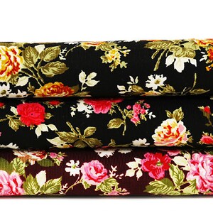 Rose Floral Corduroy Cotton Fabric, Pink Yellow Flower On Brown Black Cotton 1/2 yard image 9