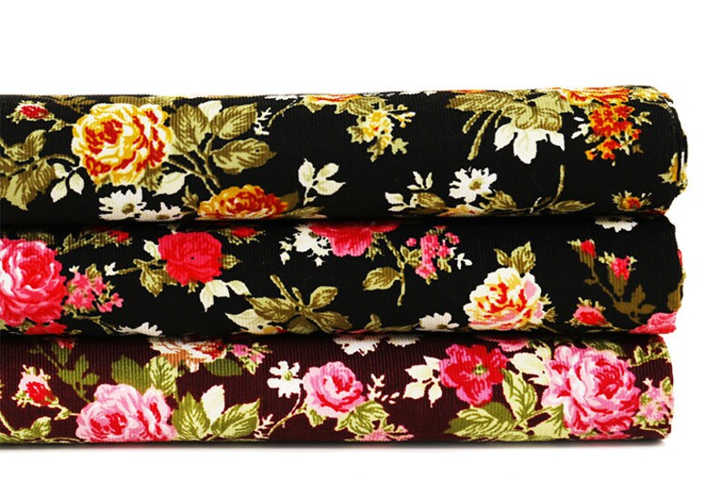 Rose Floral Corduroy Cotton Fabric, Pink Yellow Flower On Brown Black Cotton 1/2 yard image 9