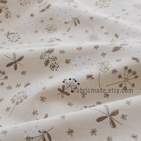 Sale- Fabric Beige Linen Cotton Fabric with Dandelion Flower Table Cloth Pillow Curtain Fabric- 1/2 yard