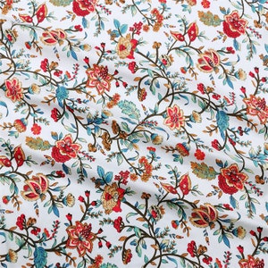 Floral Cotton Fabric Red Flower On White Gray Cotton 1/2 Yard 1 white