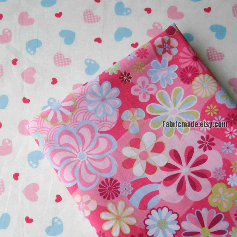 Pink Blue Flower Love Heart Cotton Fabric 1/2 yard image 2