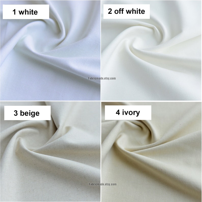May include: Four fabric swatches in different shades of white: white, off-white, beige, and ivory. The swatches are arranged in a grid, with the white swatch in the top left corner, the off-white swatch in the top right corner, the beige swatch in the bottom left corner, and the ivory swatch in the bottom right corner.