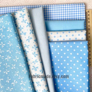 Light Blue Cotton Fabric, White & Power Blue Plaid Polka Dots Stripes Solid Cotton -1/2 yard