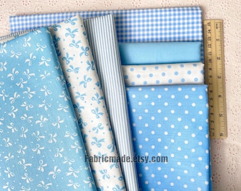 Light Blue Cotton Fabric, Polka Dot Plaid Stripes, Sewing Quilting - 1/2 yard