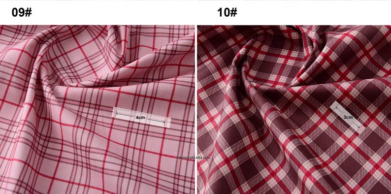 May include: Two fabric swatches with a red and white plaid pattern. The swatch on the left is pink and the swatch on the right is brown. The swatch on the left has a measurement of 4 inches and the swatch on the right has a measurement of 3 inches.
