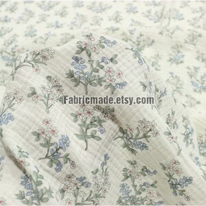 Blue Flower Double Gauze Floral Print Swaddle Fabric, Muslin material- 1/2 yard 2 ivory