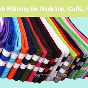 Puede incluir: Una colección de tejido de canalé elástico de colores, incluyendo morado, azul, naranja y verde. Cada pieza está doblada y expuesta, con rayas blancas en algunas. El texto en la parte superior dice "Stretch Ribbing for Neckline, Cuffs, Hems."