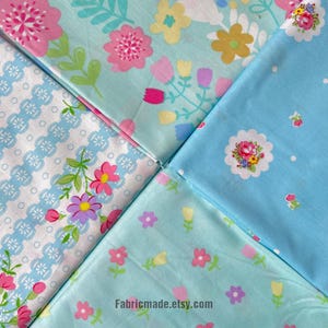 Pink Flower On Aqua Blue Cotton Fabric, Shabby Chic Flower Cotton For Quilting Fabric- 1/2 yard