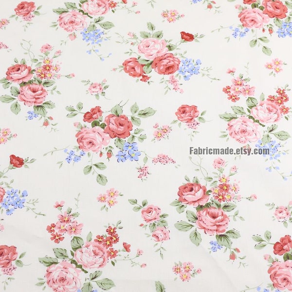 Peony Cotton Fabric Pink Peony Roses Cream Background Shabby Chic Fabric Large Flower Cotton- 1/2 yard