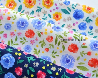 Bright Thin Floral Cotton Fabric, Shabby Chic Blue Yellow Red Rose Flower Cotton -  1/2 yard