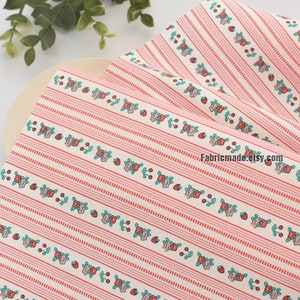 Red Strawberry Floral Stripes Cotton Fabric - 1/2 yard