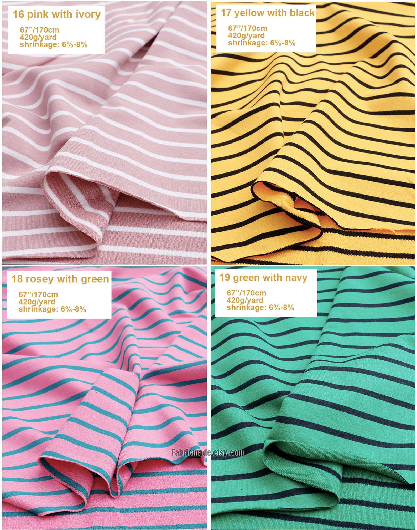 Stripes Jersey Knit Cotton Fabric Grey White Red Green Navy Etsy