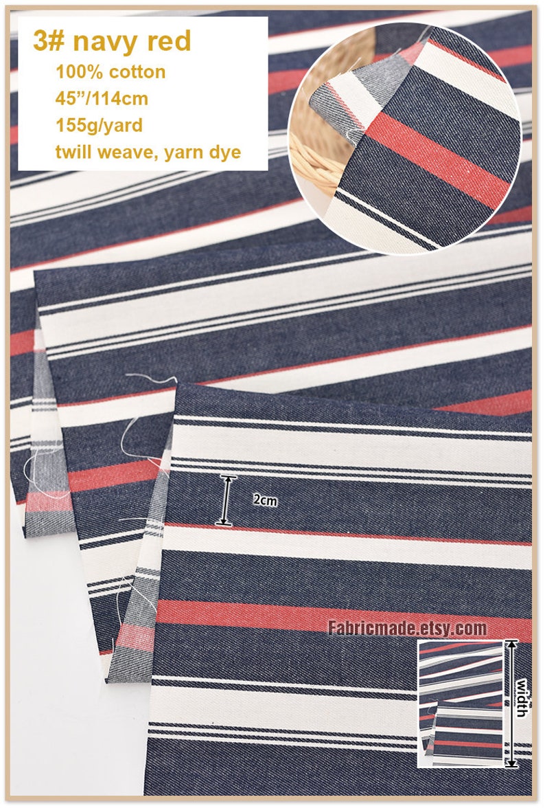 Stripes Cotton Fabric, Yarn Dye Grey Gray Navy Red White Stripes Fabric For Clothing 1/2 yard image 4