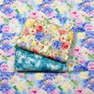 Shabby Chic Flower Cotton Watercolor Painting Styles Fabric For Summer Dress Curtain -  1/2 yard