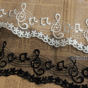 Adorno de encaje bordado en blanco y negro con notas musicales para novias, de algodón, ancho 8,5-11 cm, 2 yardas