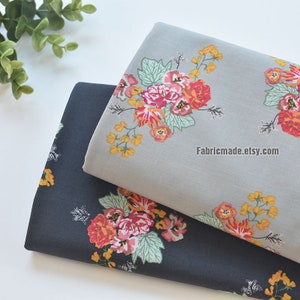 Red Flower On Gray Grey Cotton Fabric - 1/2 Yard