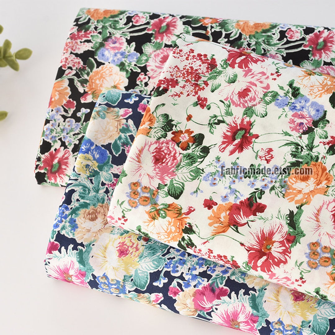 Shabby Chic Floral Cotton Fabric - Pink, Blue & Rosy Print (1/2 Yard ...