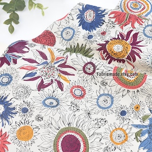 Sunflower Cotton Fabric, Shabby Chic Fabric, Brown BLUE Sun Flower Fabric - 1/2 Yard