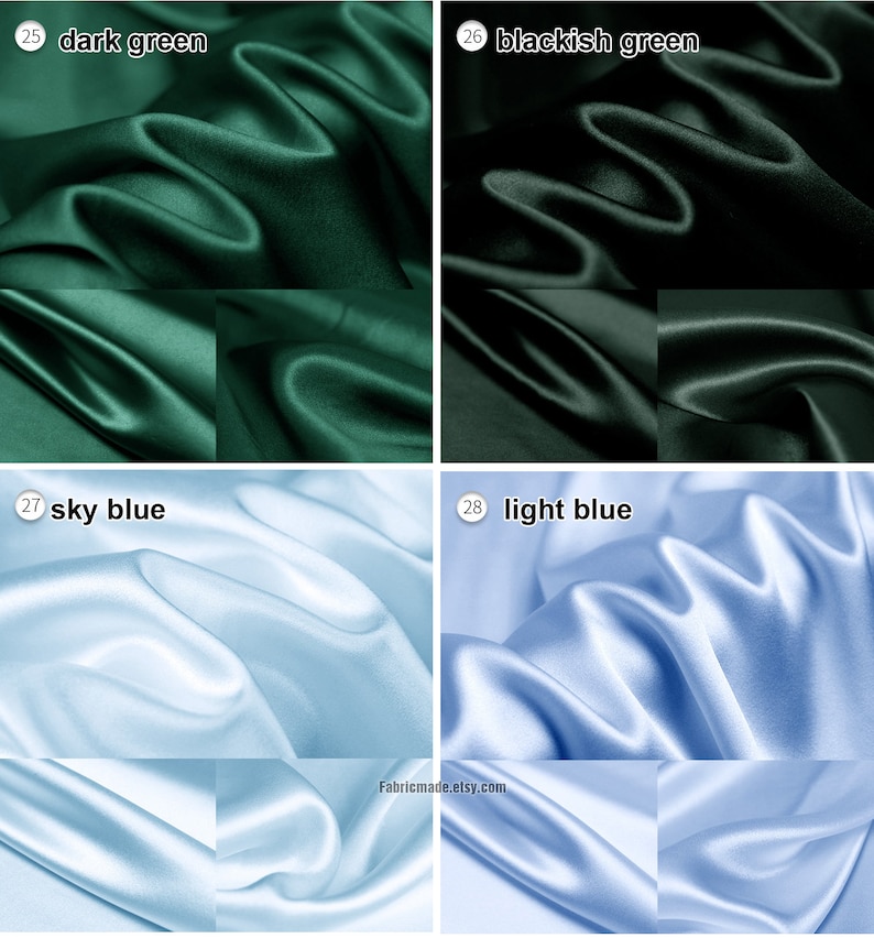 May include: Four swatches of fabric in different colors: dark green, blackish green, sky blue, and light blue. The fabric is a smooth, silky material.