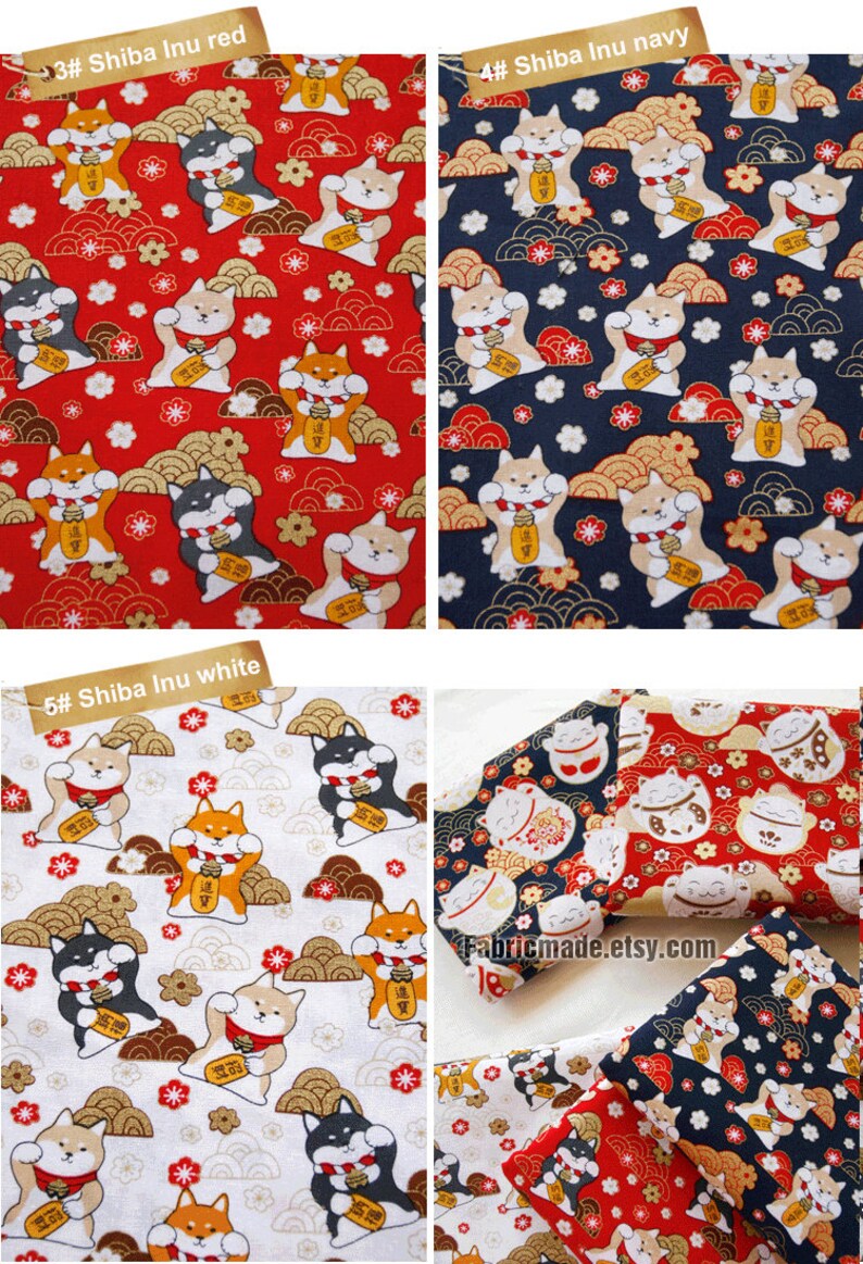 Japanese Cotton Fabric Bronzing Shiba Inu Dog Lucky Cat Wave Etsy