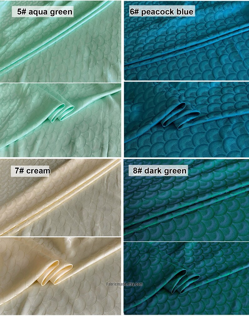 May include: Four fabric swatches with a repeating pattern of stylized fans. The swatches are aqua green, peacock blue, cream, and dark green.
