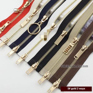 Cremalleras de lujo con dientes dorados de 80-120 cm, cremalleras metálicas bidireccionales para chaquetas y polainas n.° 5, de latón, con separación - Seleccione color y largo