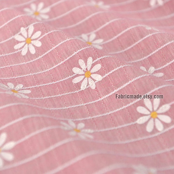 Tissu Mélange Lin Rose Avec Fleur De Marguerite Blanche Rayures Plaid 12 Yard