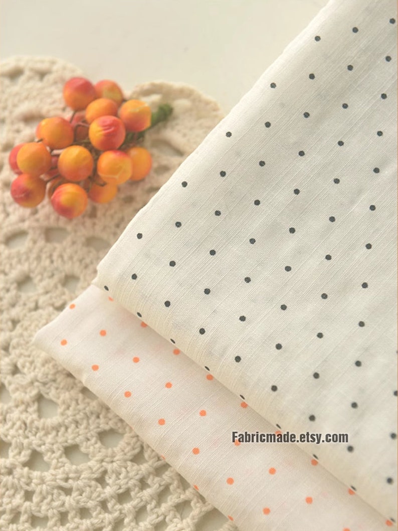 Tiny Polka Dots Linen Cotton Fabric Off white Ivory Fabric with Black Orange Dots 1/2 yard image 2