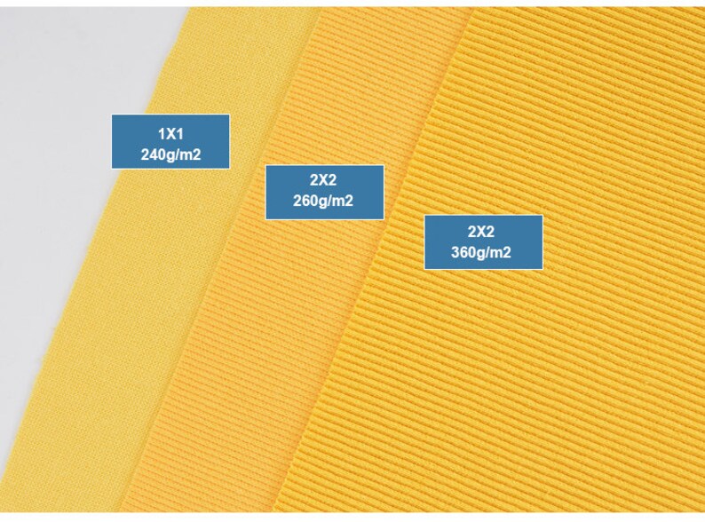 K&ouml;nnte beinhalten: Drei gelbe Stoffmuster mit unterschiedlichen Texturen und Gewichten. Die Muster sind mit ihrem Gewicht pro Quadratmeter gekennzeichnet: 1x1 240g/m2, 2x2 260g/m2 und 2x2 360g/m2.